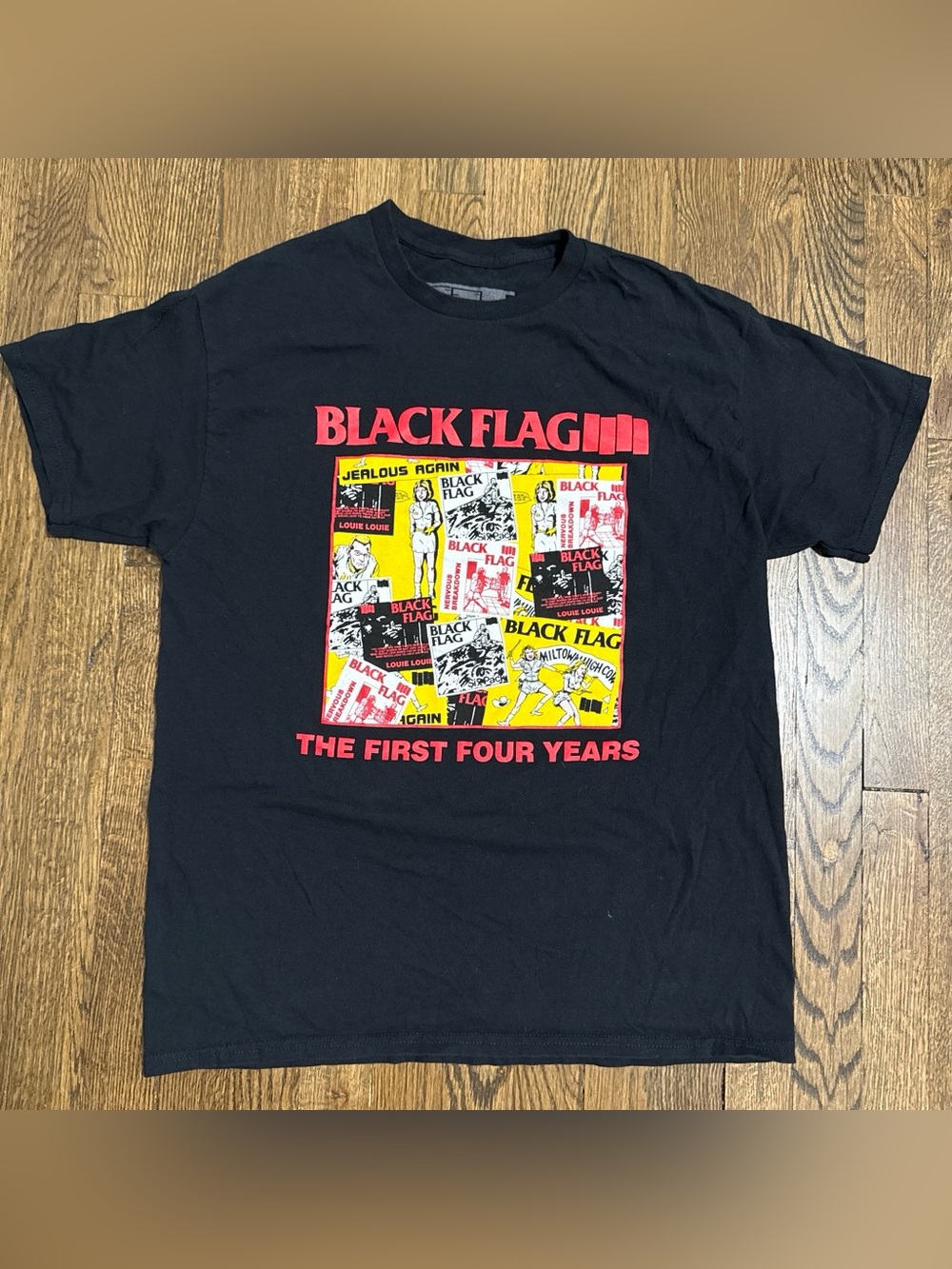 LG Black Flag The First Four Years Tee with Red & Yellow Graphic. Punk 80’s